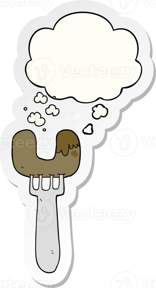 cartoon sausage on fork with thought bubble as a printed sticker png