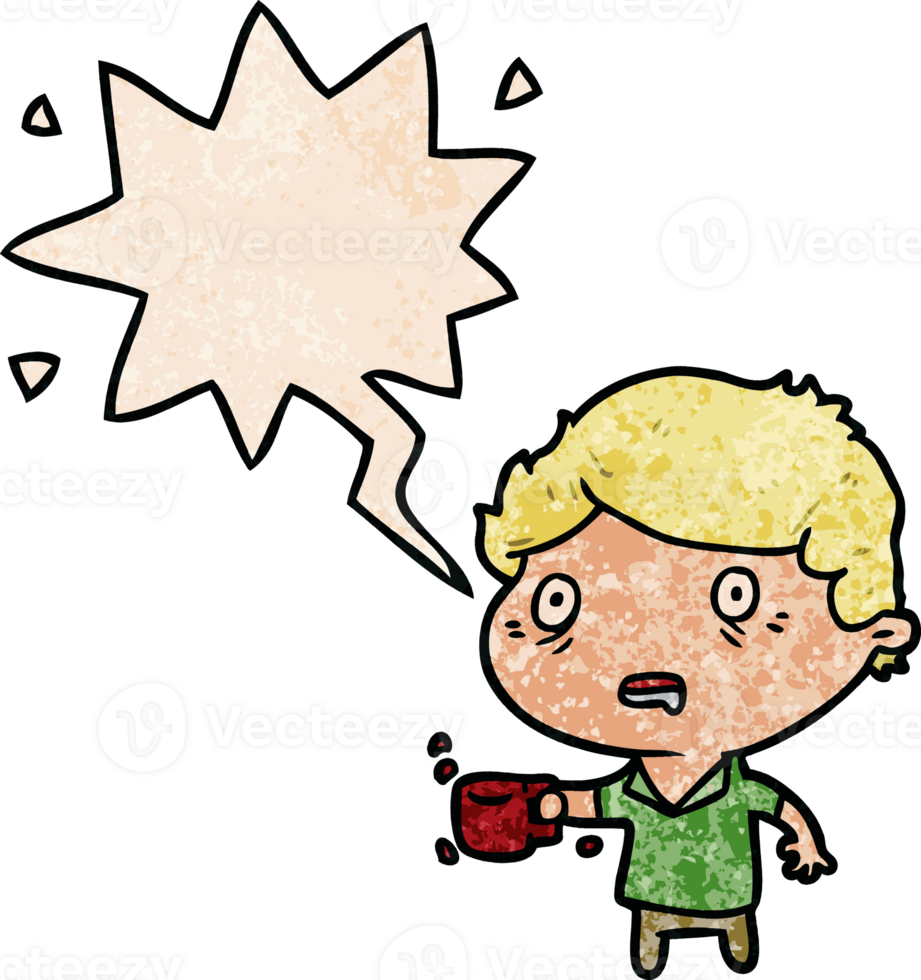 cartoon man jittery from drinking too much coffee with speech bubble in retro texture style png