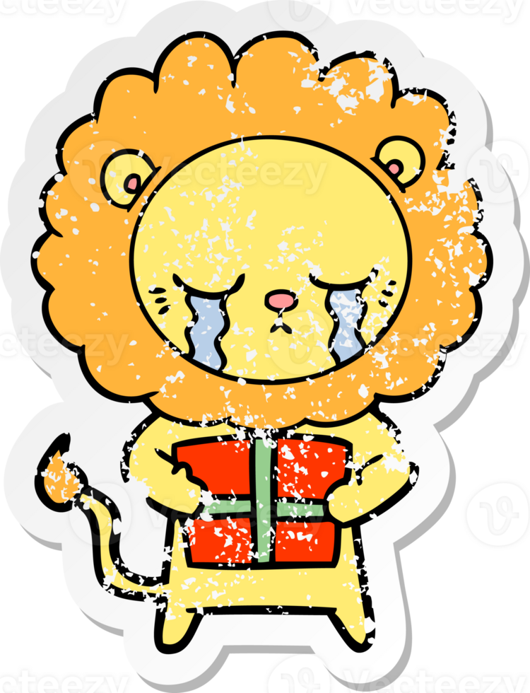 distressed sticker of a crying cartoon lion png