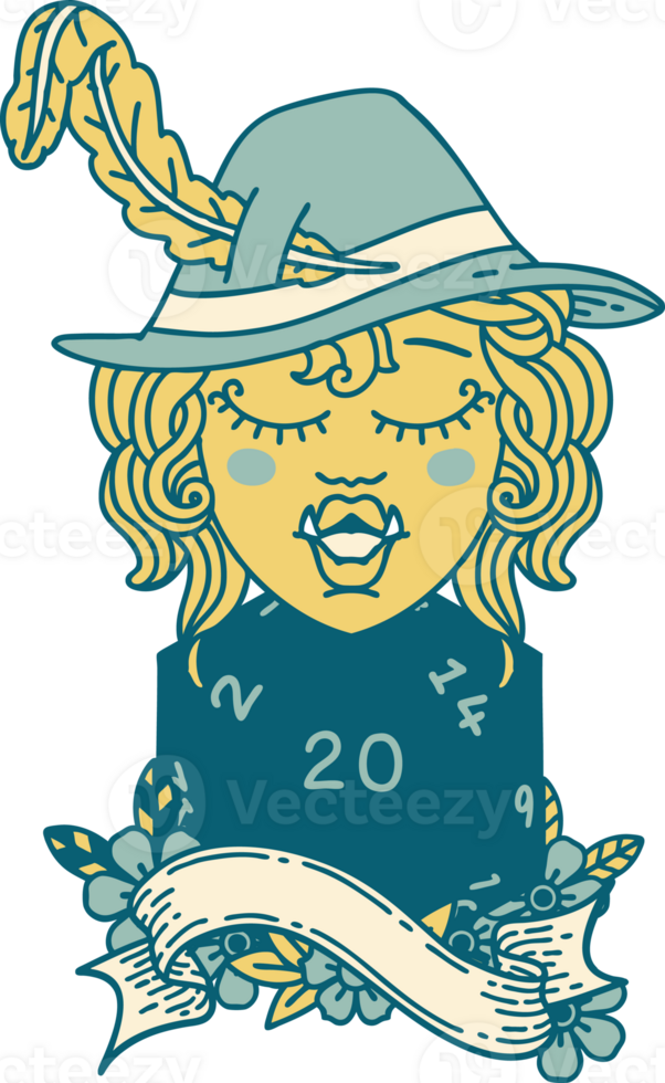 Retro Tattoo Style singing half orc bard with natural twenty dice roll png