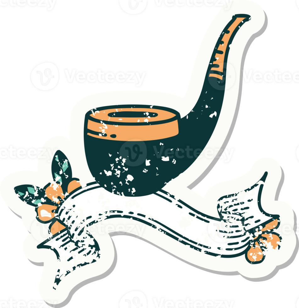 worn old sticker with banner of a smokers pipe png