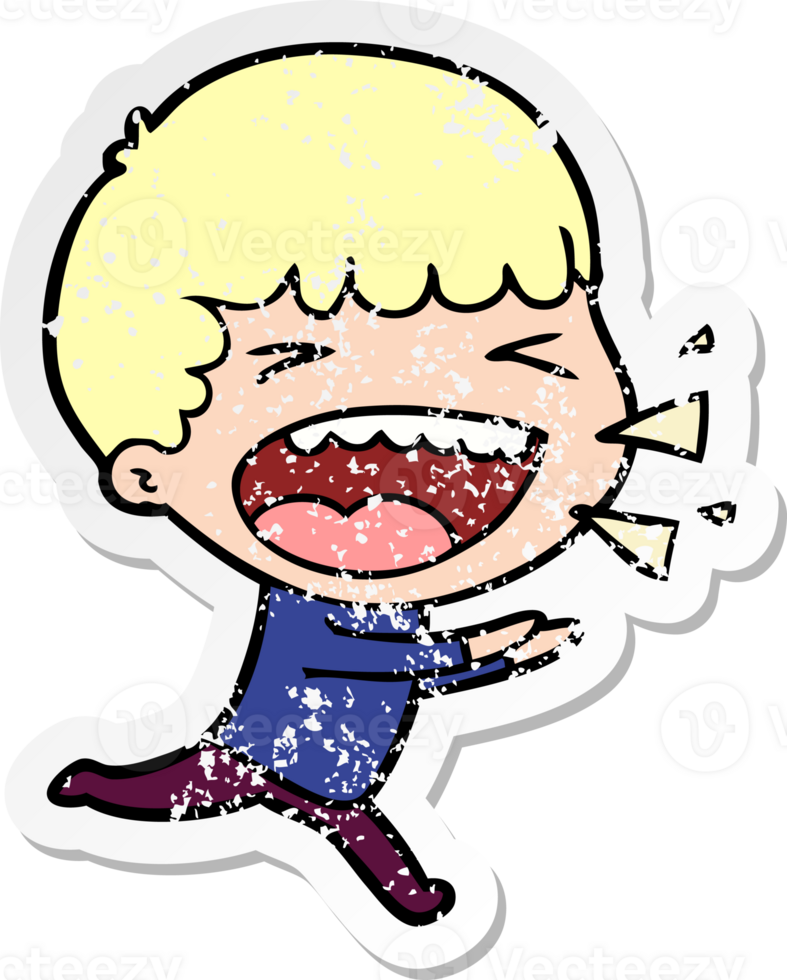 distressed sticker of a cartoon laughing man png
