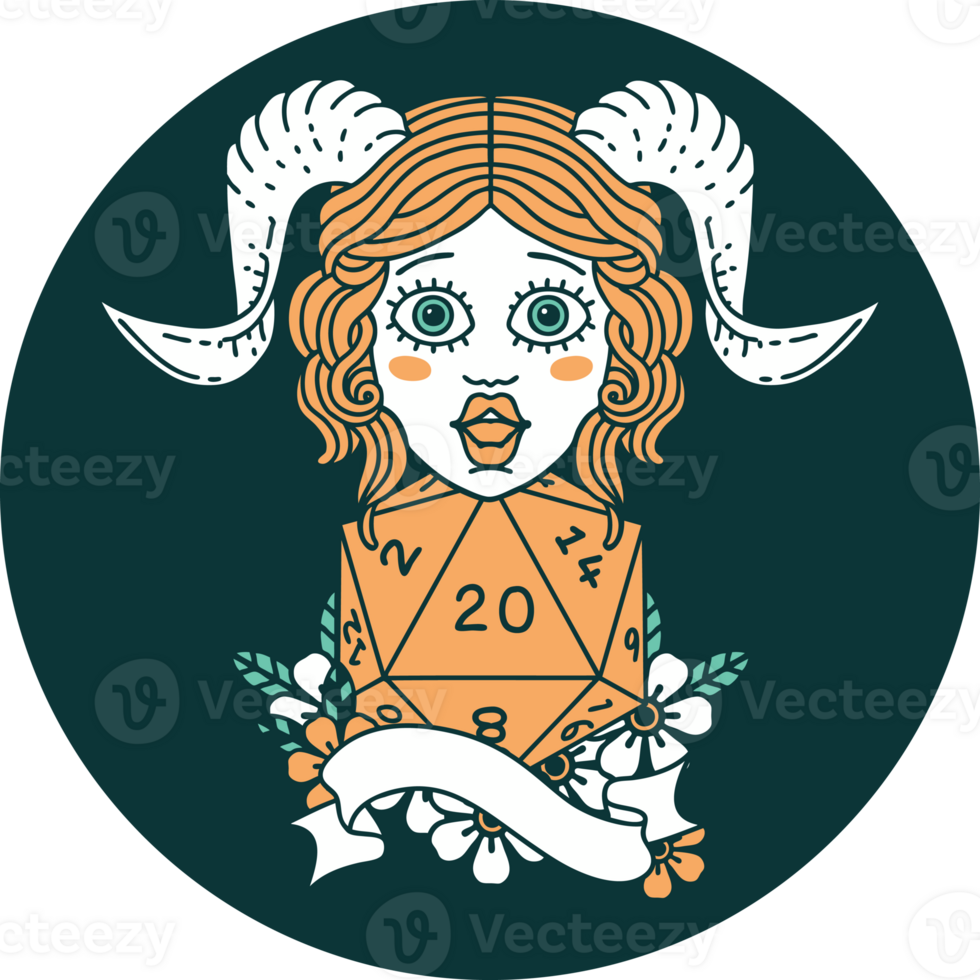 icon of tiefling with natural twenty dice roll png
