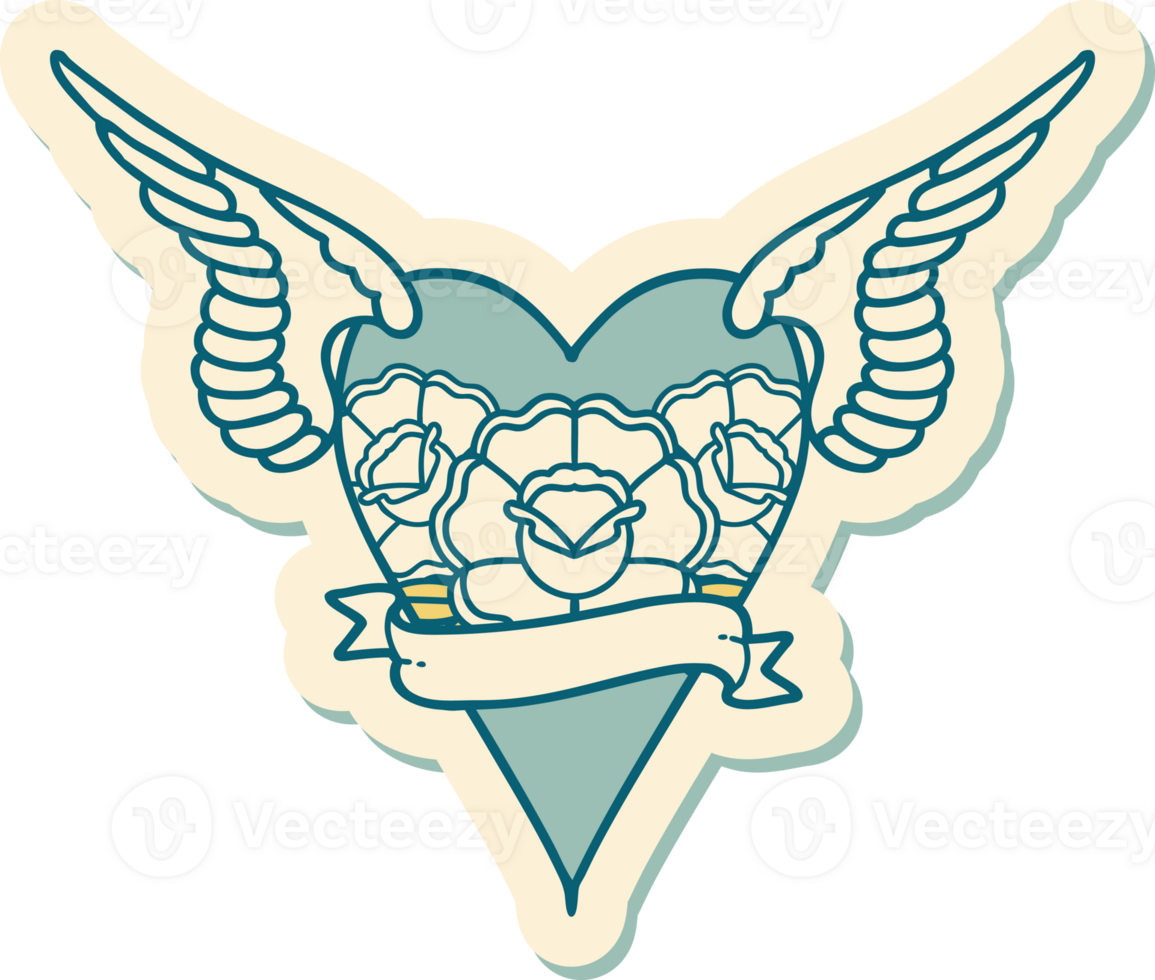 sticker of tattoo in traditional style of a flying heart with flowers and banner png
