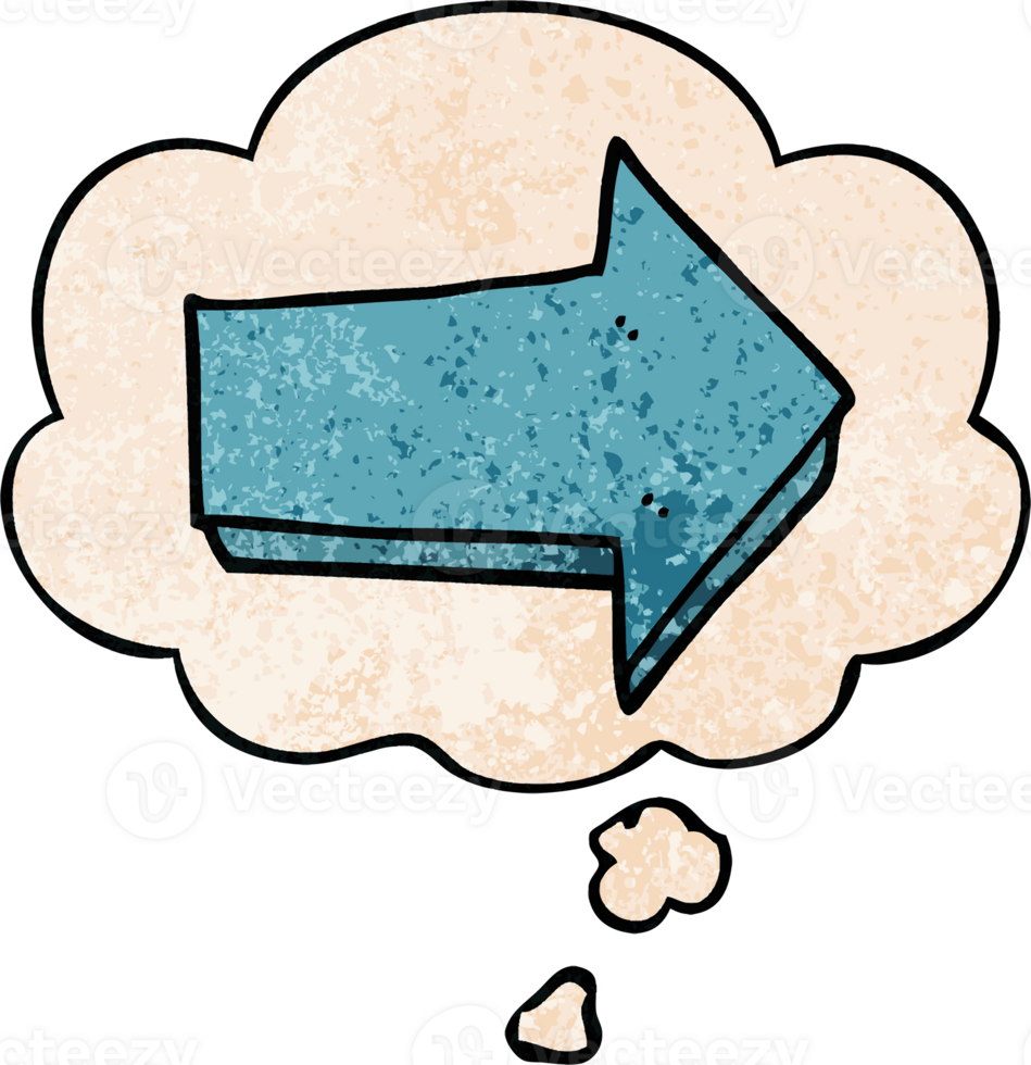 cartoon arrow with thought bubble in grunge texture style png