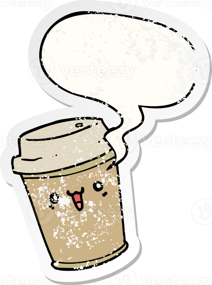 cartoon take out coffee with speech bubble distressed distressed old sticker png