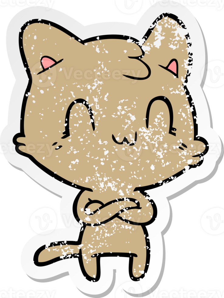 distressed sticker of a cartoon happy cat png