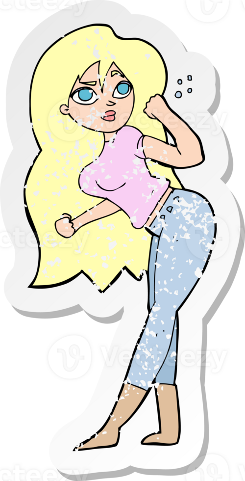 retro distressed sticker of a cartoon woman raising fist png
