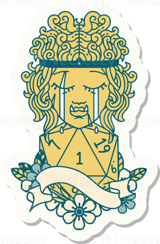 sticker of a crying orc barbarian character face with natural one roll png