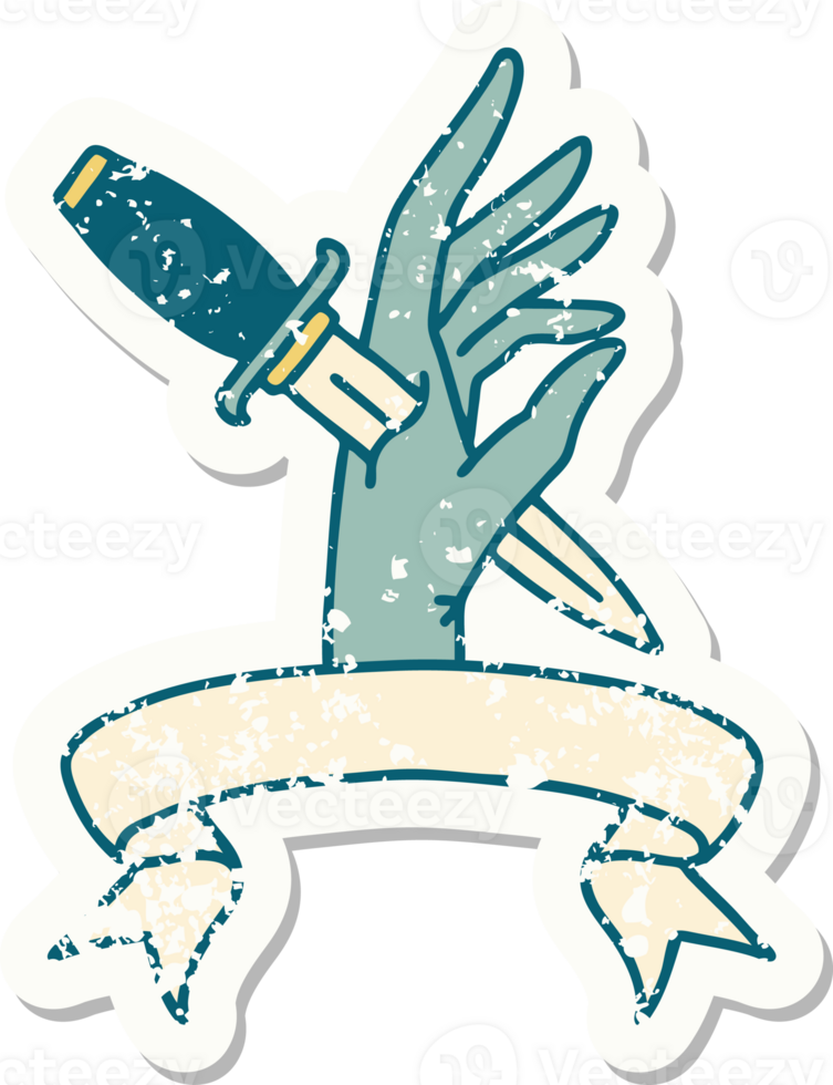 worn old sticker with banner of a dagger in the hand png