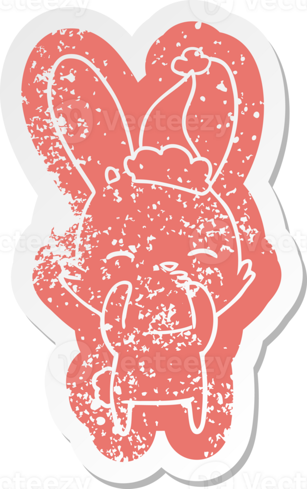 curious bunny quirky cartoon distressed sticker of a wearing santa hat png