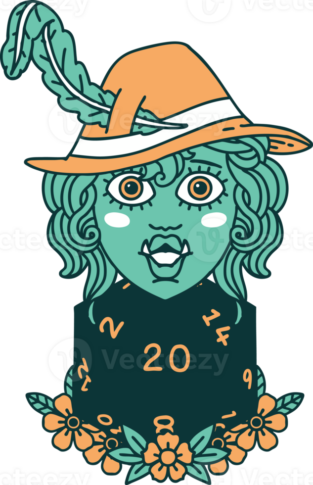 Retro Tattoo Style half orc bard with natural twenty dice roll png