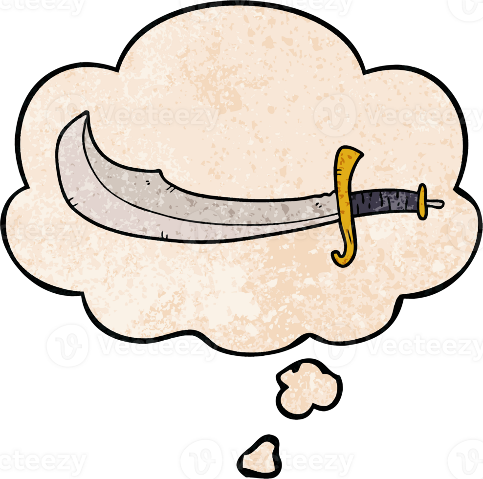 cartoon scimitar with thought bubble in grunge texture style png