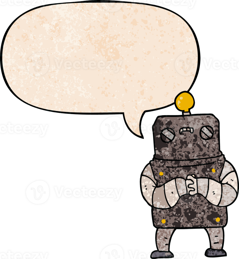 cartoon robot with speech bubble in retro texture style png