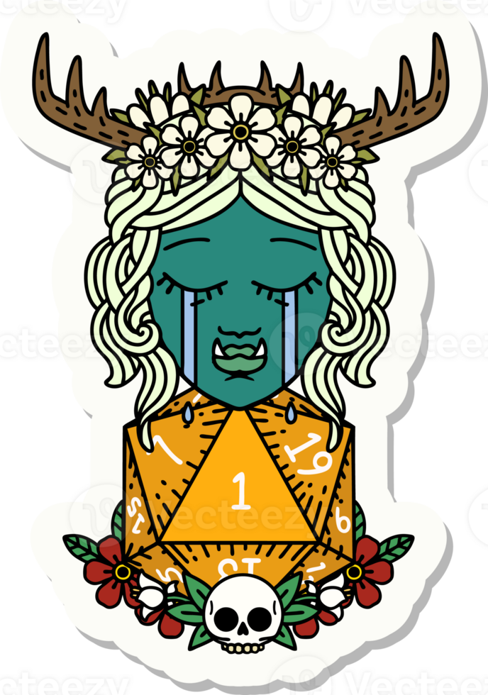 sticker of a sad half orc druid character with natural one dice roll png
