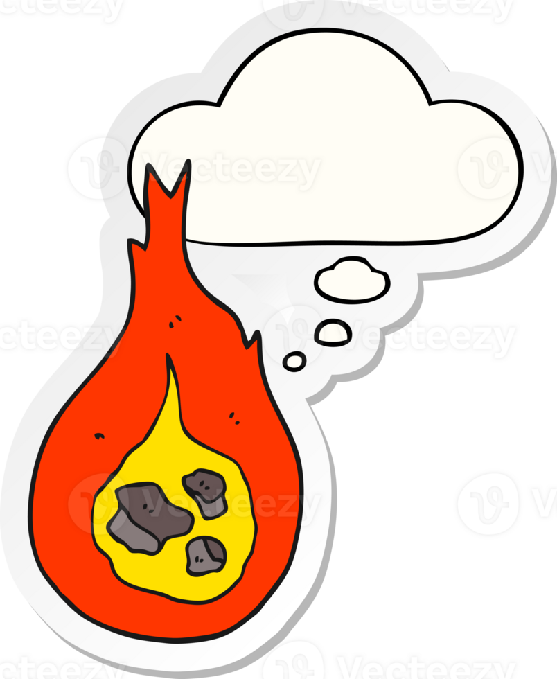 cartoon fireball with thought bubble as a printed sticker png