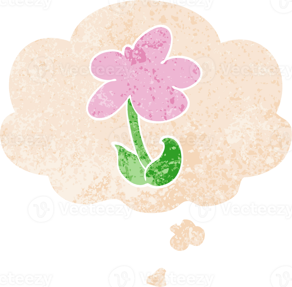 cute cartoon flower with thought bubble in grunge distressed retro textured style png