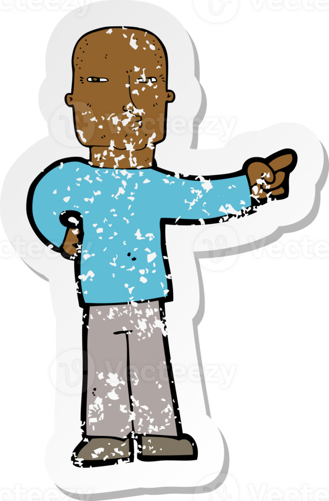 retro distressed sticker of a cartoon pointing man png