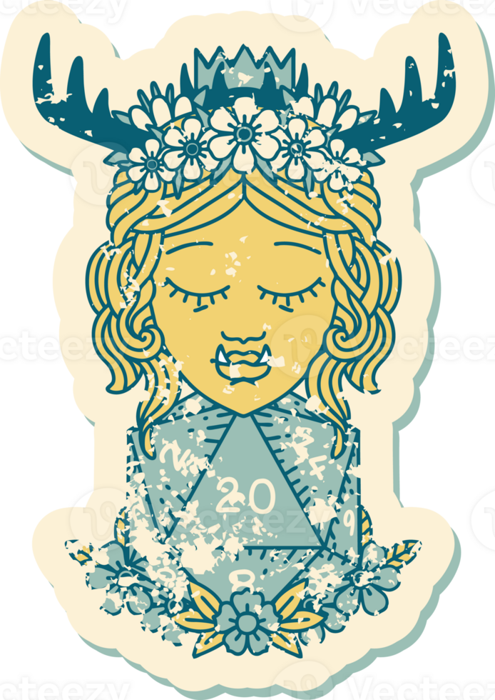Retro Tattoo Style half orc druid with natural twenty dice roll png