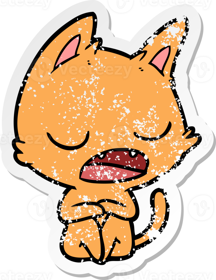 distressed sticker of a talking cat cartoon png