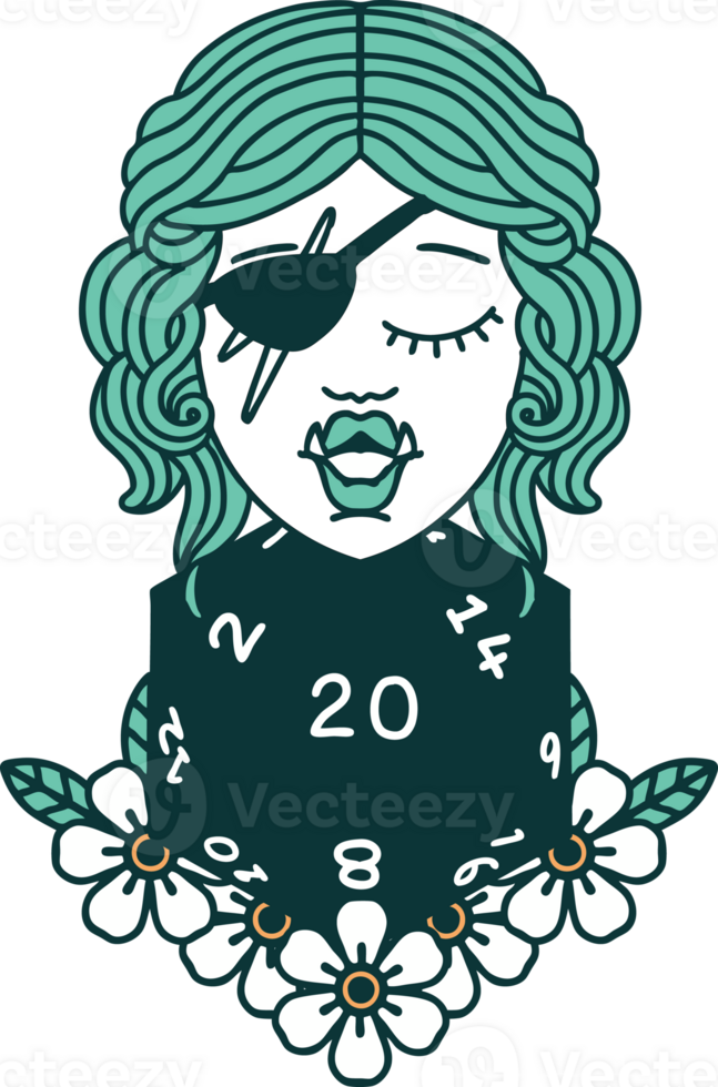 Retro Tattoo Style half orc rogue with natural twenty dice roll png