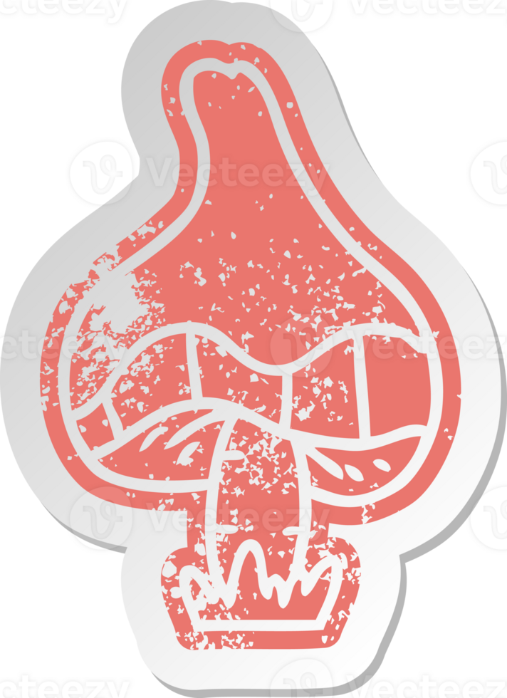 distressed old cartoon sticker of a single mushroom png
