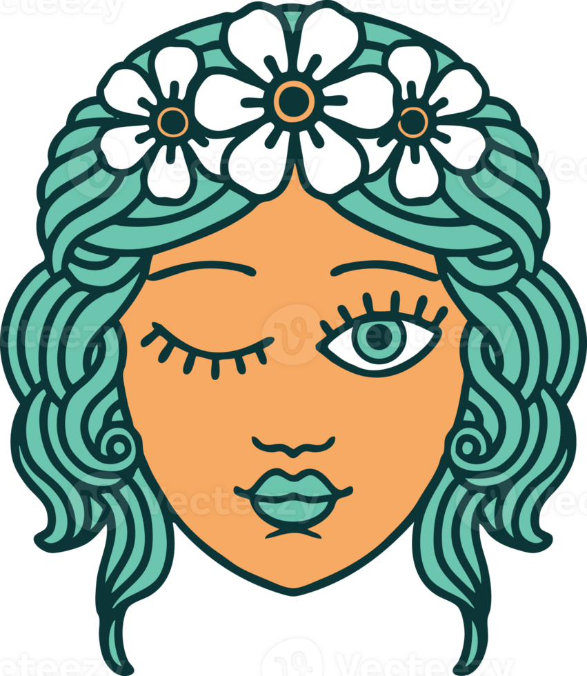 iconic tattoo style image of a maidens face winking png