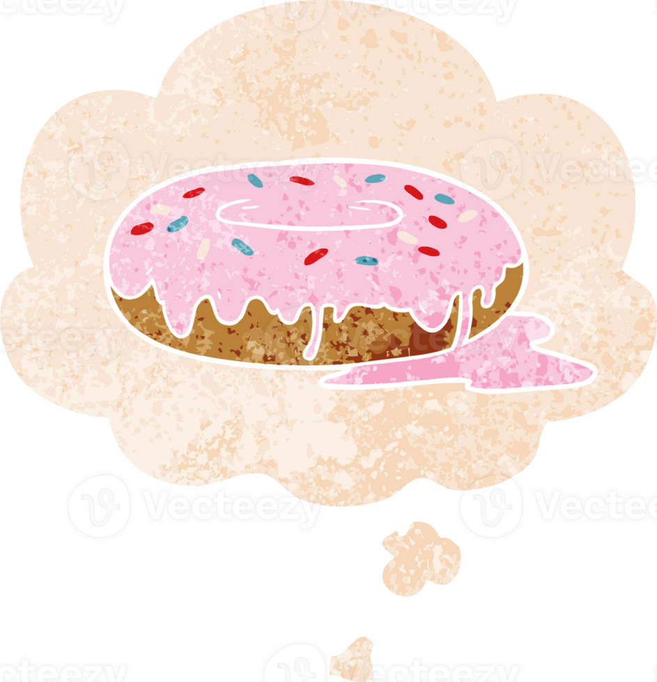 cartoon donut with thought bubble in grunge distressed retro textured style png