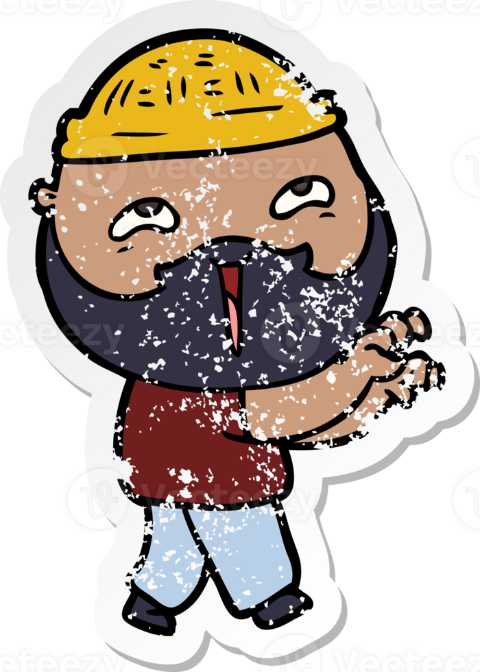 distressed sticker of a cartoon happy bearded man png