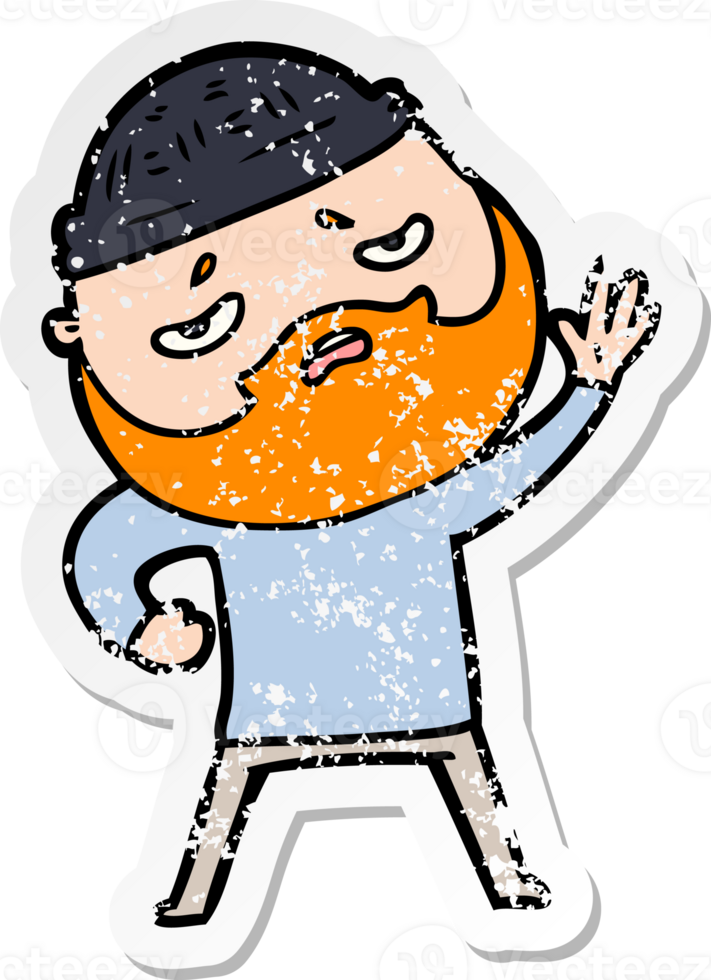 distressed sticker of a cartoon worried man with beard png