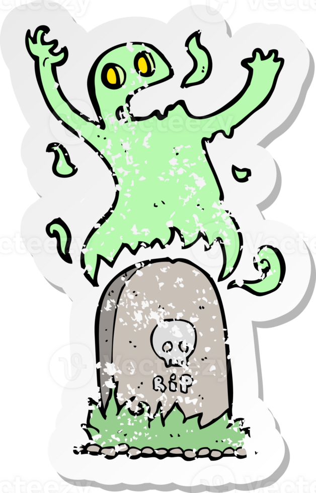 retro distressed sticker of a cartoon ghost rising from grave png