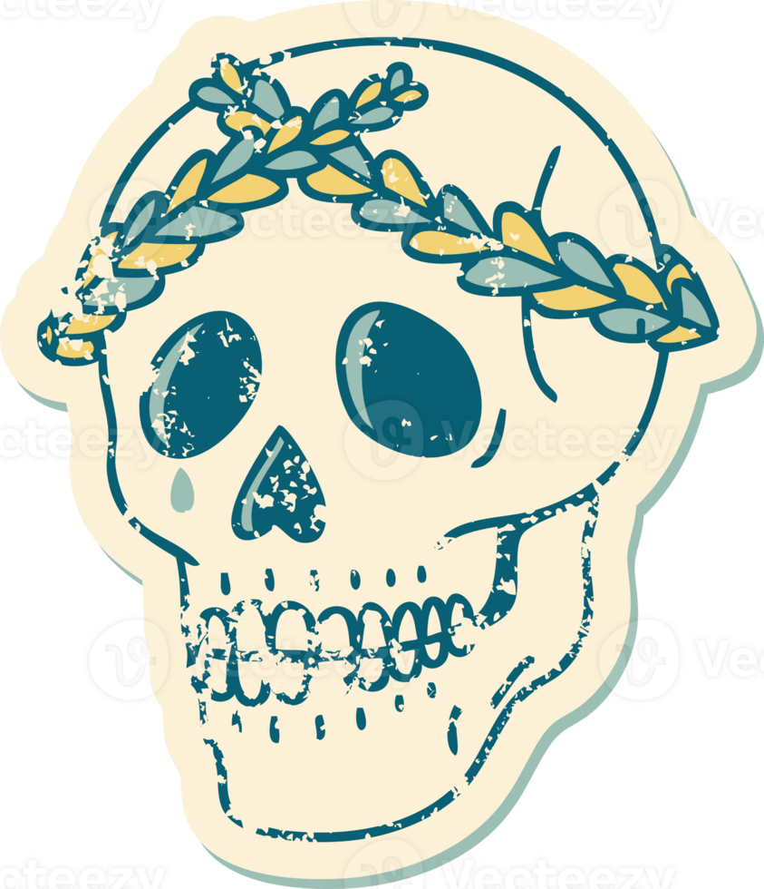 iconic distressed sticker tattoo style image of a skull with laurel wreath crown png