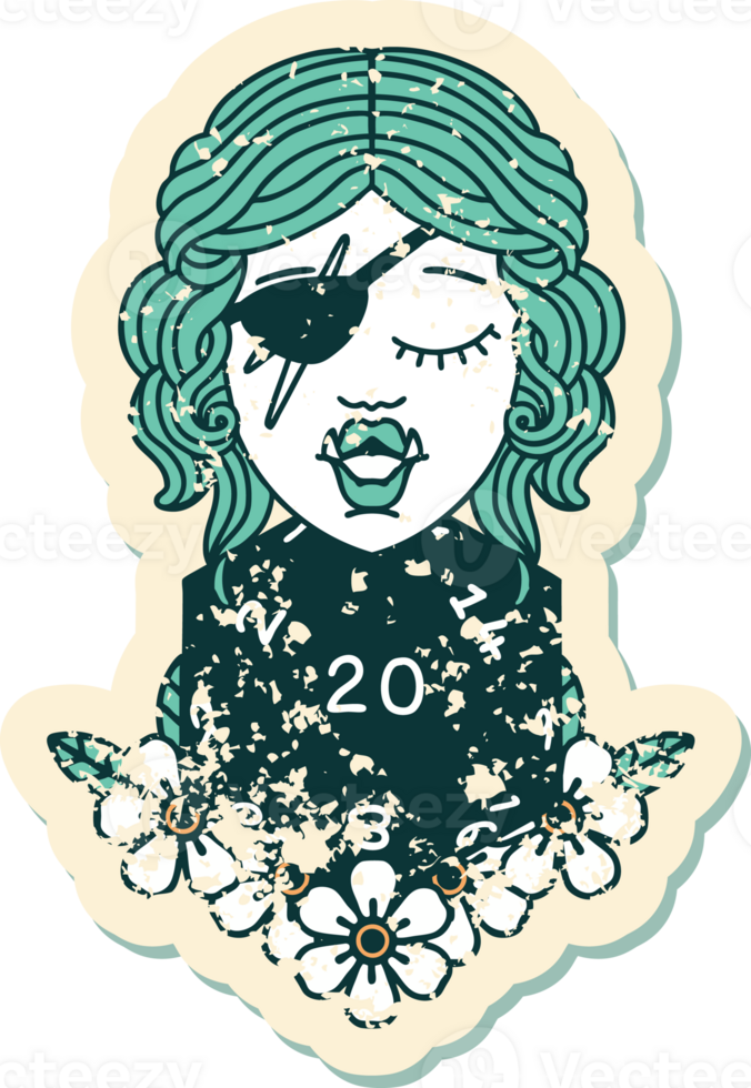 Retro Tattoo Style half orc rogue with natural twenty dice roll png