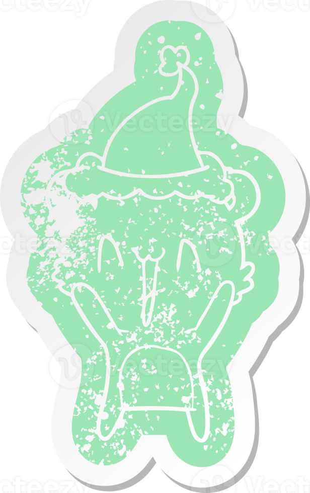 happy bear quirky cartoon distressed sticker of a wearing santa hat png