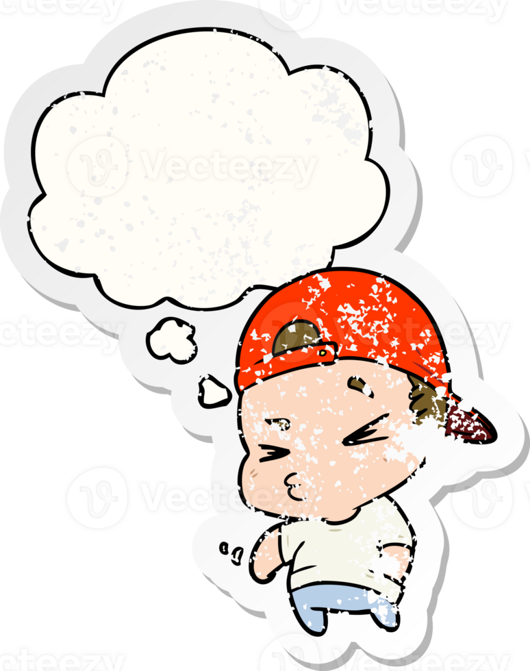 cartoon cool kid with thought bubble as a distressed worn sticker png