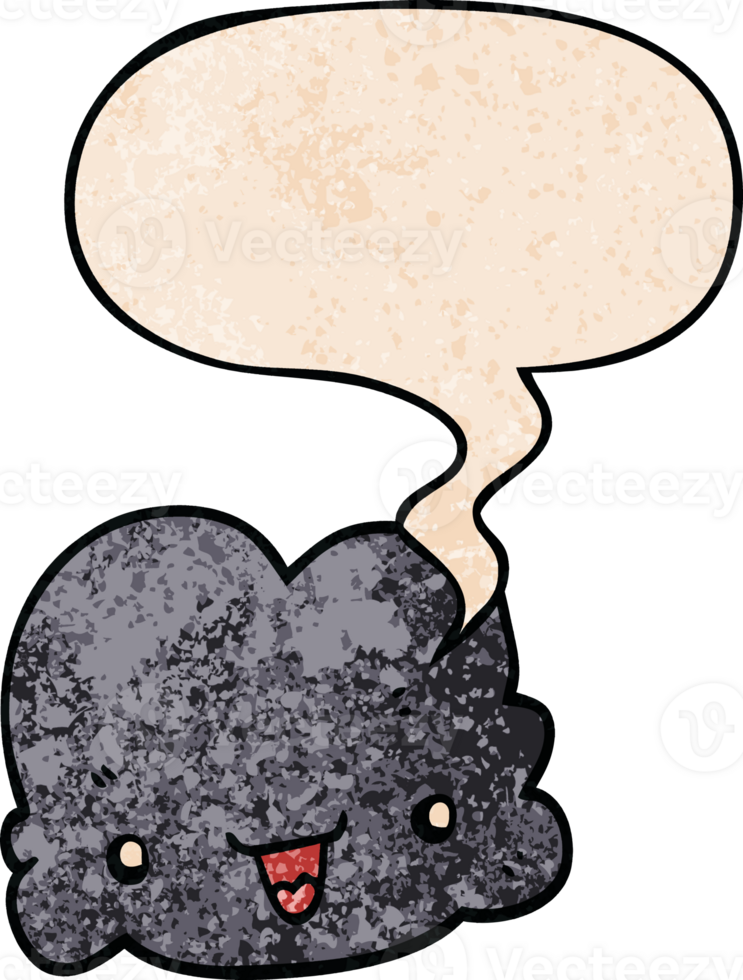 cartoon tiny happy cloud with speech bubble in retro texture style png