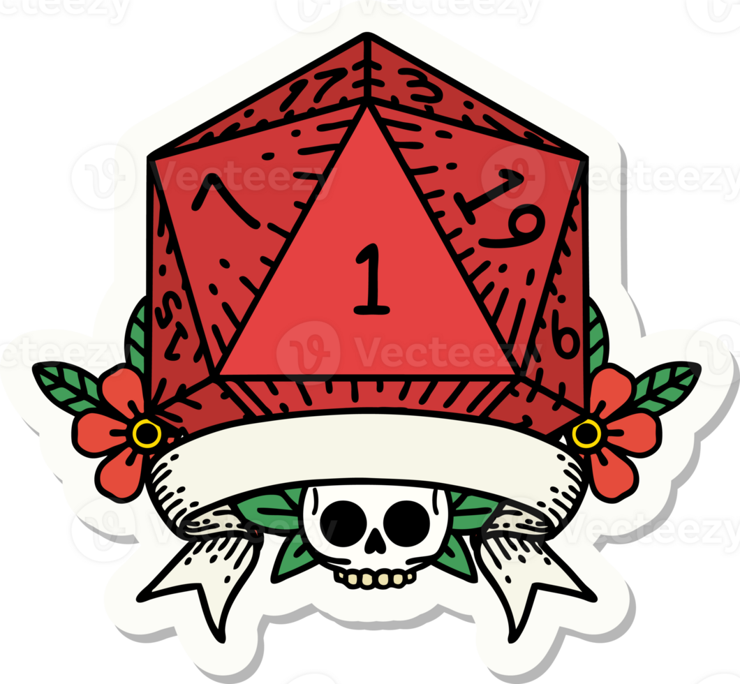 sticker of a natural one d20 dice roll png