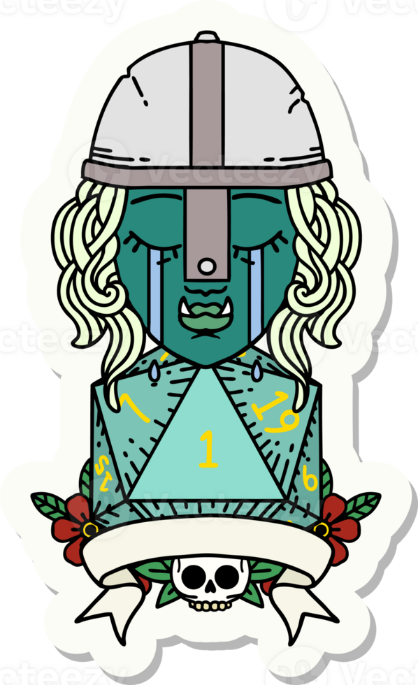 sticker of a crying orc fighter character with natural one D20 roll png