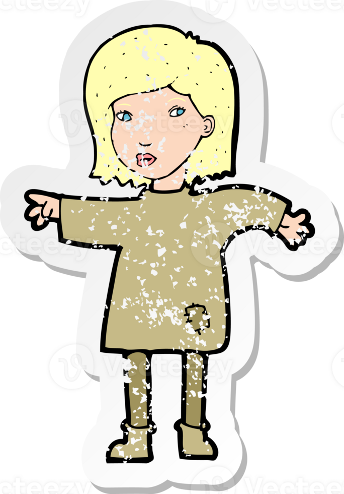 retro distressed sticker of a cartoon woman in patched clothing png