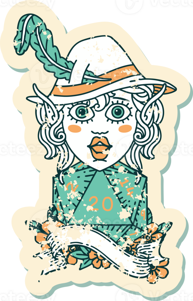 Retro Tattoo Style elf bard with natural twenty dice roll png