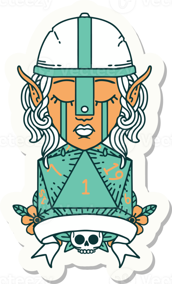 sticker of a crying elf fighter character face with natural one D20 roll png