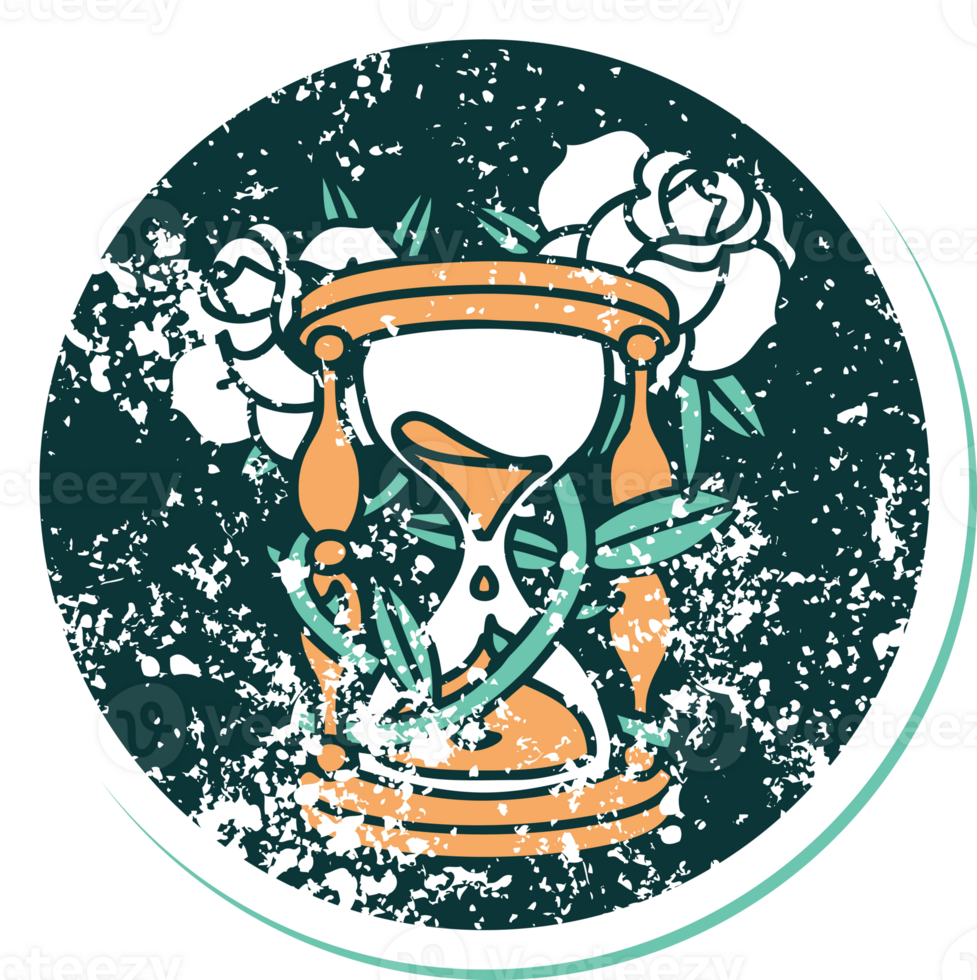 iconic distressed sticker tattoo style image of an hour glass and flowers png