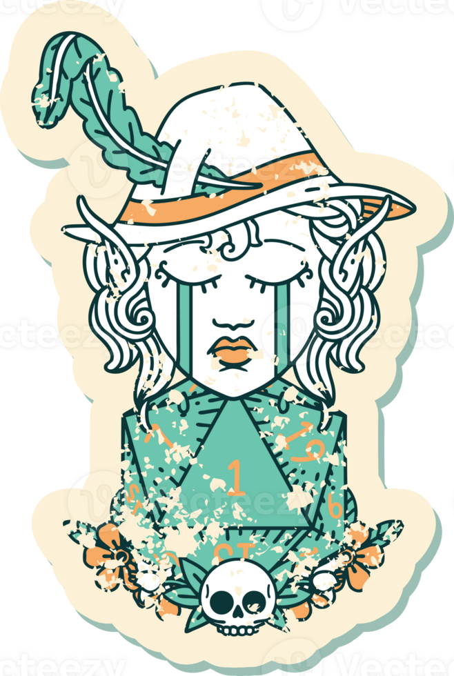 Retro Tattoo Style crying elf bard character with natural one D20 roll png