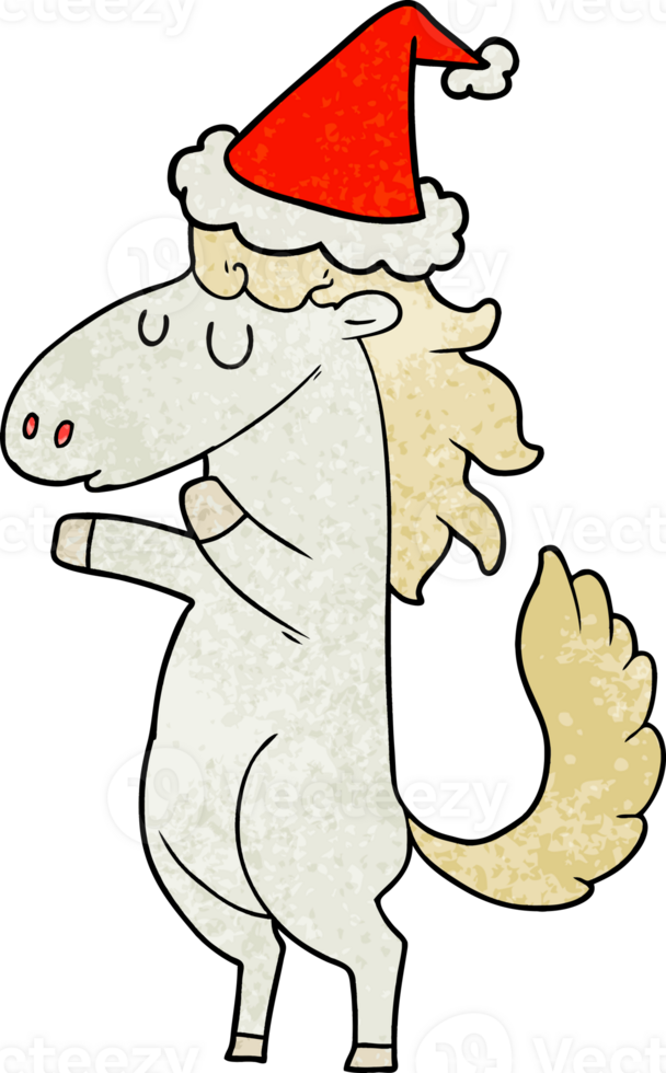hand drawn textured cartoon of a horse wearing santa hat png