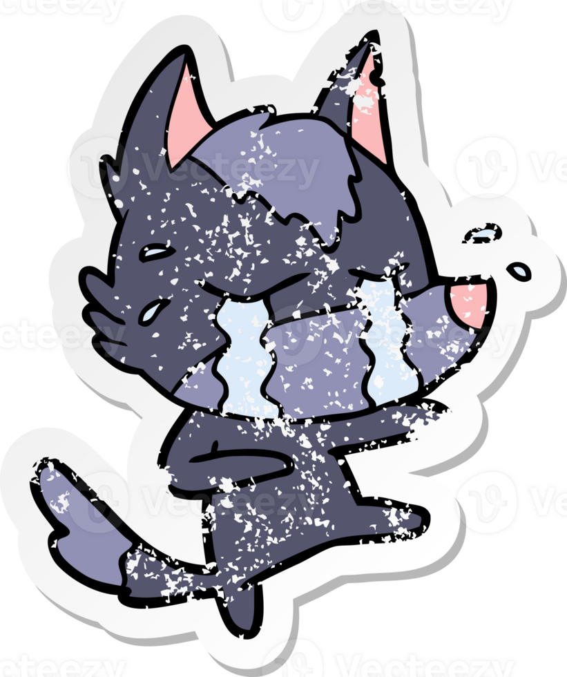 distressed sticker of a cartoon crying wolf png
