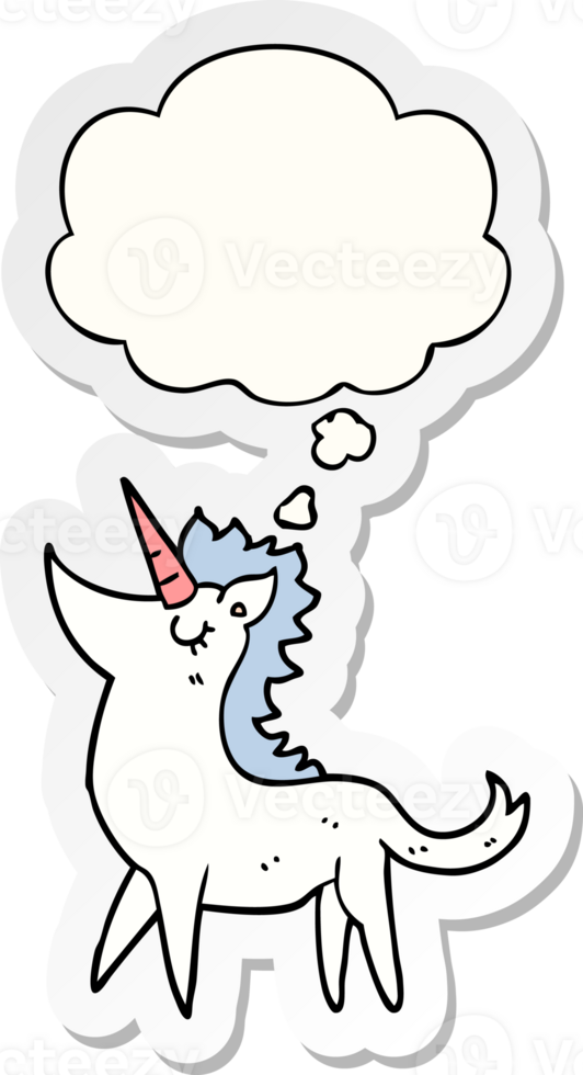 cartoon unicorn with thought bubble as a printed sticker png