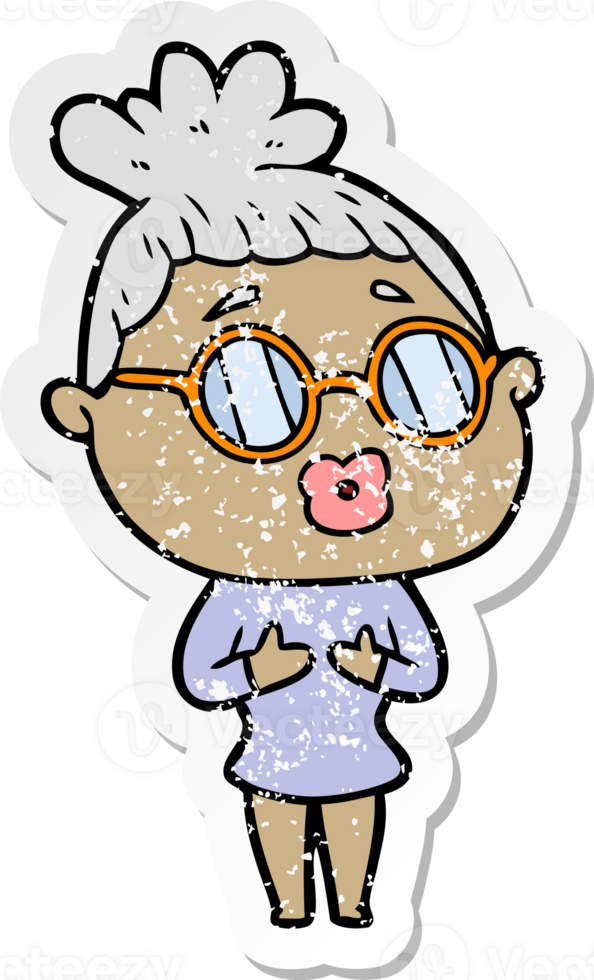 distressed sticker of a cartoon woman wearing spectacles png