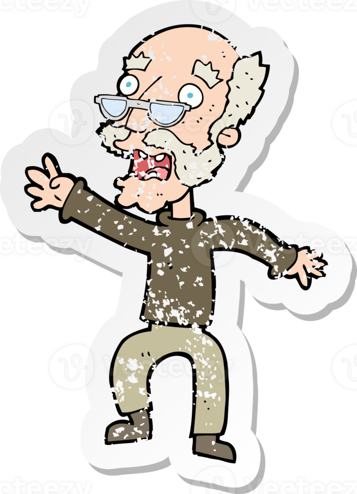 retro distressed sticker of a cartoon frightened old man png