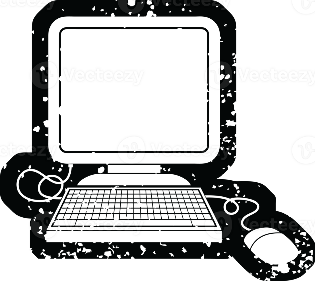 Distressed effect png icon illustration of a computer with mouse