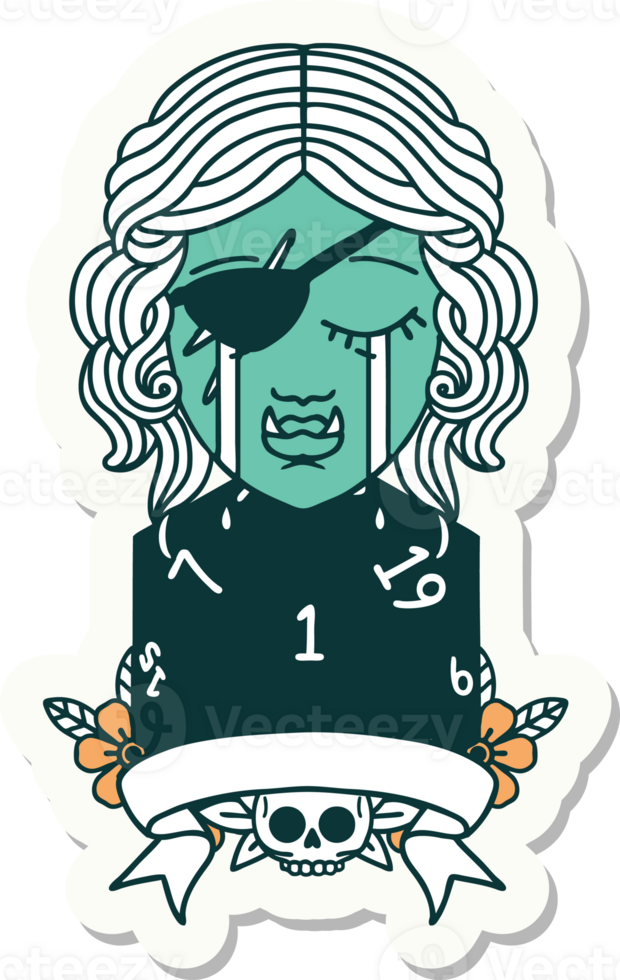 sticker of a crying orc rogue character with natural one roll png